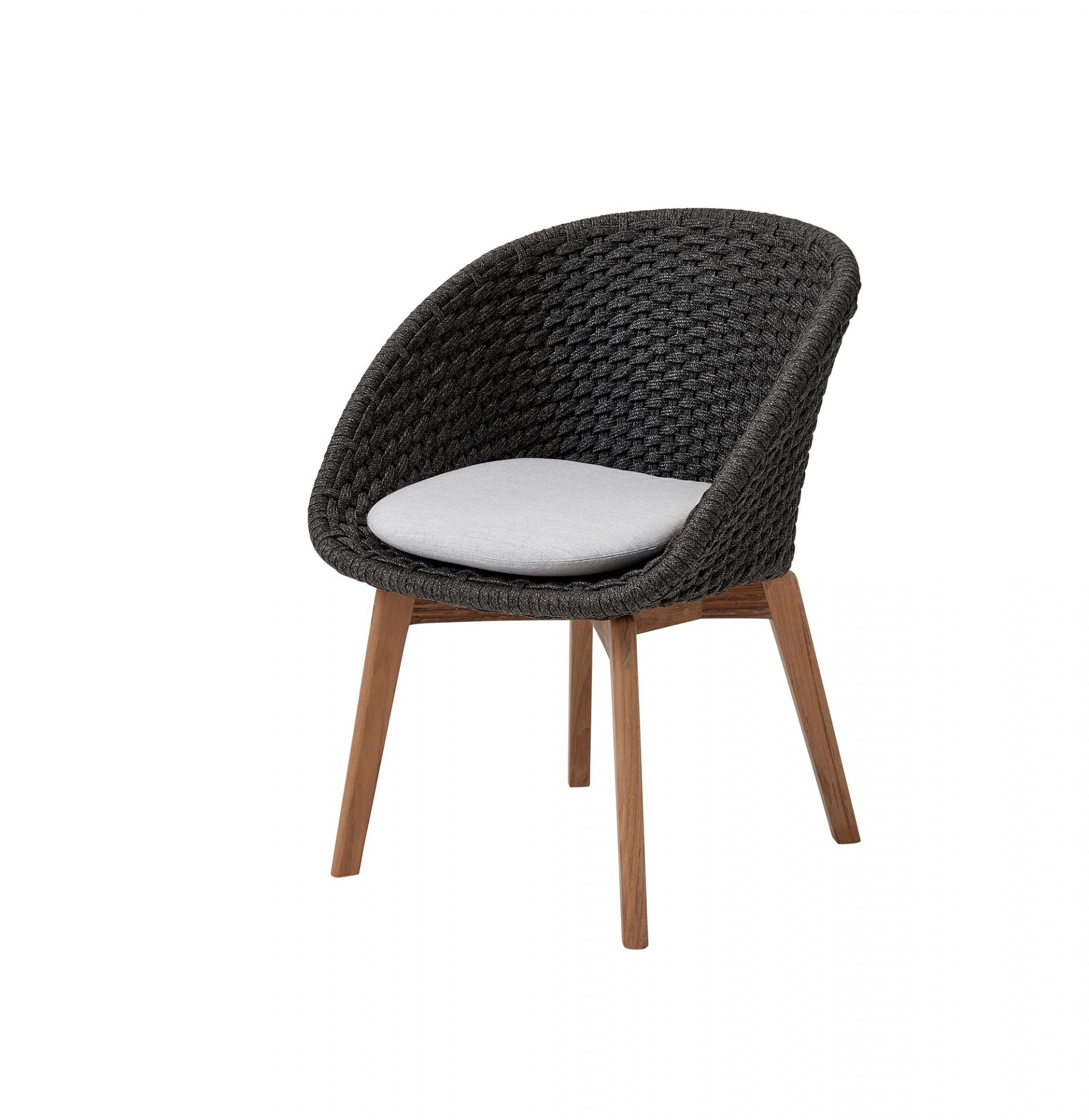 Peacock Sessel: Dunkelgrauer Outdoor Sessel mit Seilgeflecht und hellem Sitzkissen, Holzbeine. Cane-Line Gartenmöbel.